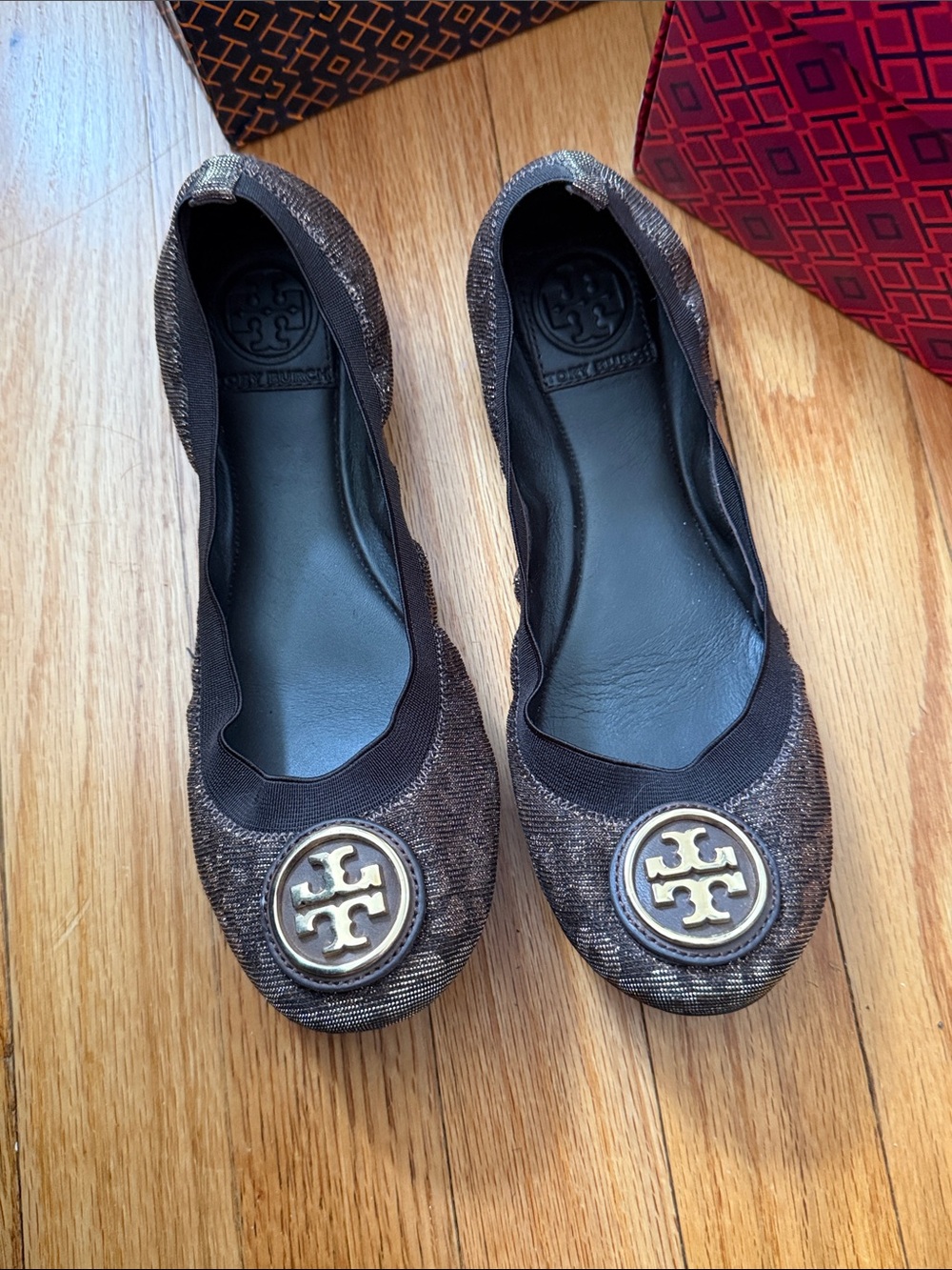 Tory Burch Metallic Brown Logo Round-Toe Ballet Flats